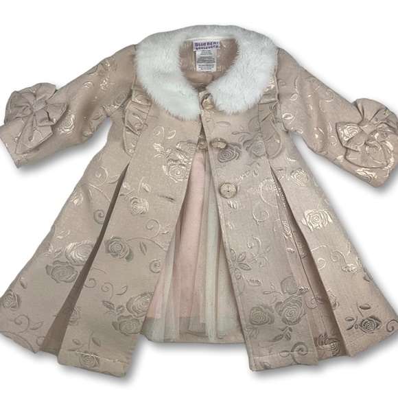 Blueberi Boulevard Toddler Dress & Coat Set – Metallic Floral Jacquard with Faux - Picture 1 of 5